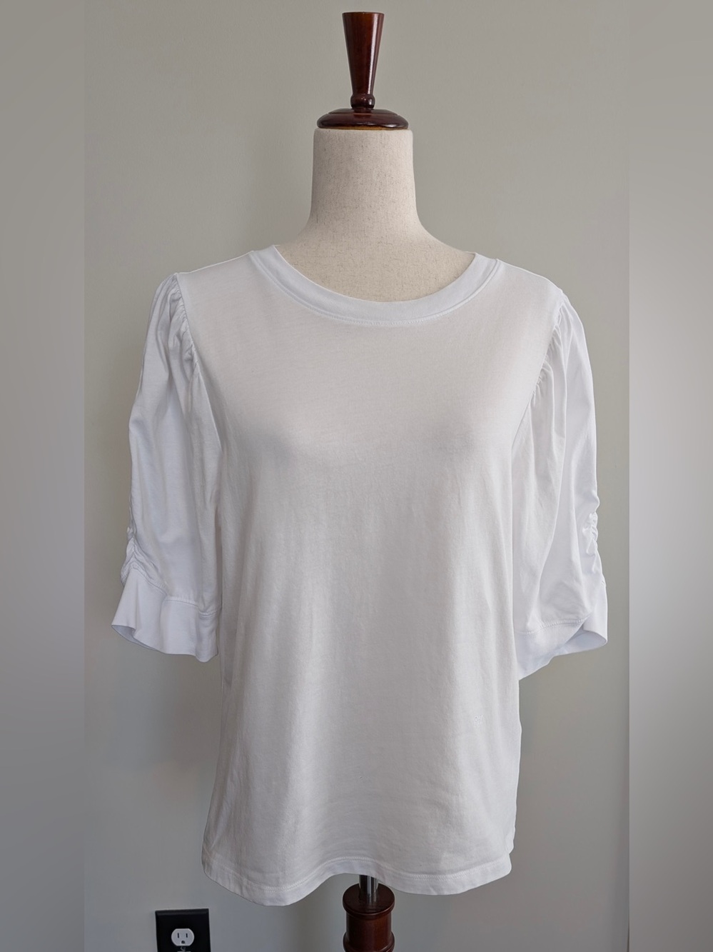FRAME Women’s The Frankie Cotton Tee Crewneck Puffy Ruched Sleeves Size XL White